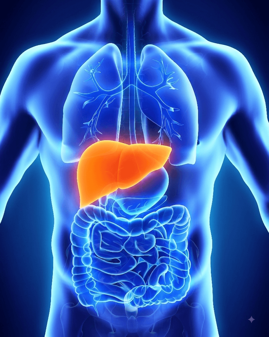 Illustration of the human torso with the liver highlighted